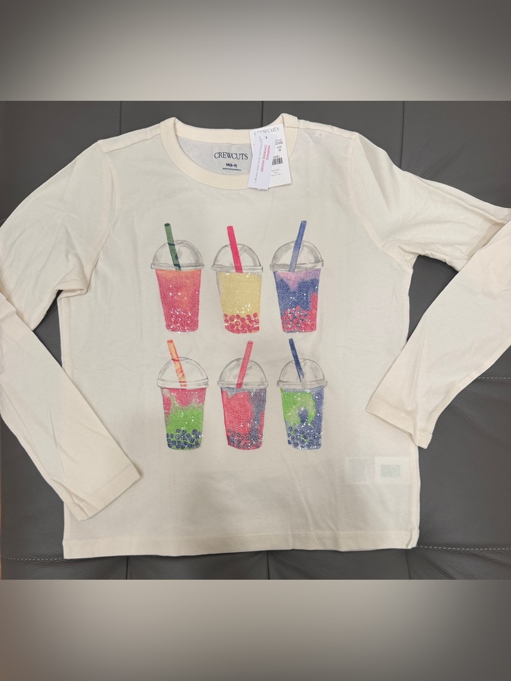 J. Crew Cream Long-Sleeve Tee with Colorful Bubble Tea Cups